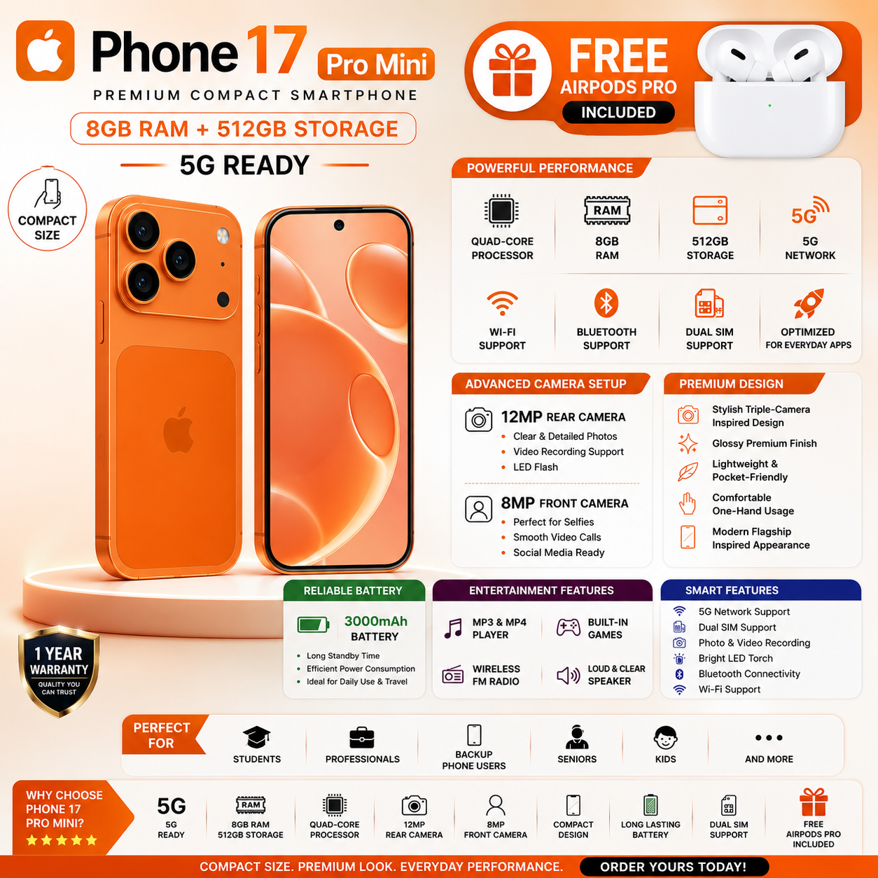Phone17 Pro Mini 8 GB RAM/ 512GB STORAGE – 5G / IN BUILD APPLE LOGO ✅