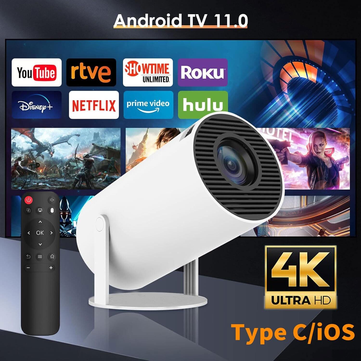 4K PORTABLE PROJECTOR Android 11.0 Smart Projector, 1080P & 4K Support, 2X Brighter, 2.4G & 5G Wifi  (White)